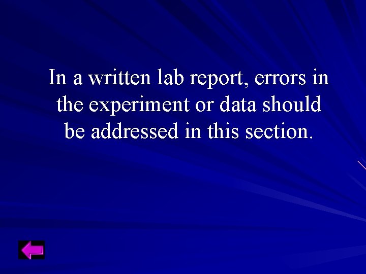 In a written lab report, errors in the experiment or data should be addressed In a written lab report, errors in the experiment or data should be addressed