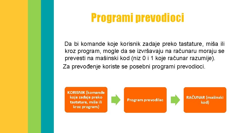 Programi prevodioci Da bi komande koje korisnik zadaje preko tastature, miša ili kroz program,