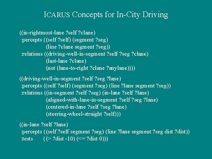 ICARUS Concepts for In-City Driving ((in-rightmost-lane ? self ? clane) : percepts ( (self