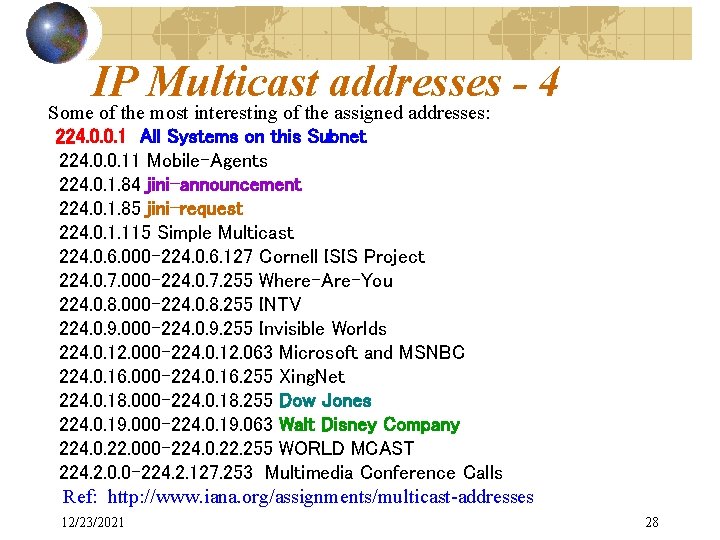 IP Multicast addresses - 4 Some of the most interesting of the assigned addresses: