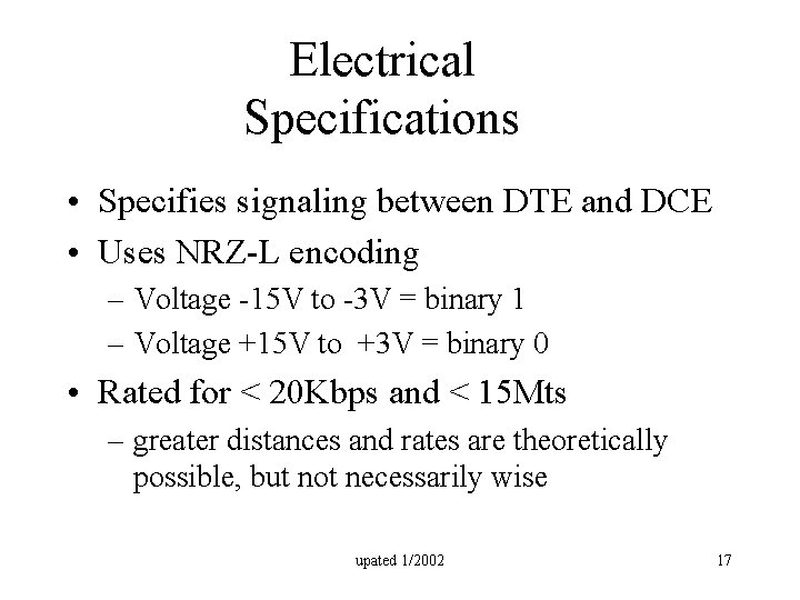 Electrical Specifications • Specifies signaling between DTE and DCE • Uses NRZ-L encoding –