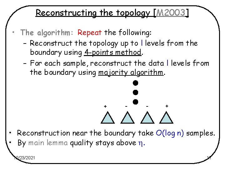 Reconstructing the topology [M 2003] • The algorithm: Repeat the following: – Reconstruct the