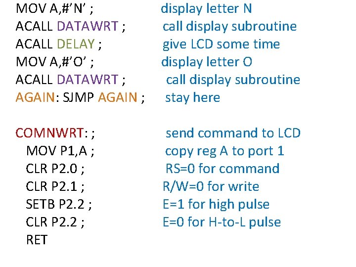 MOV A, #’N’ ; ACALL DATAWRT ; ACALL DELAY ; MOV A, #’O’ ;