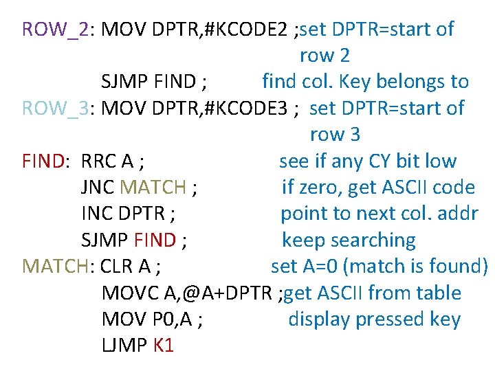 ROW_2: MOV DPTR, #KCODE 2 ; set DPTR=start of row 2 SJMP FIND ;