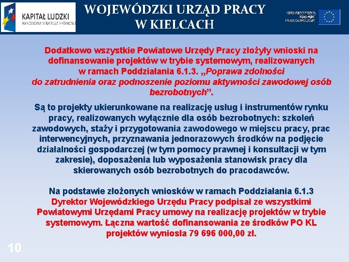 WOJEWÓDZKI URZĄD PRACY W KIELCACH Dodatkowo wszystkie Powiatowe Urzędy Pracy złożyły wnioski na dofinansowanie