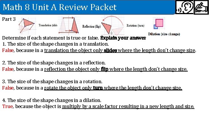 Math 8 Unit A Review Packet Part 3 Determine if each statement is true