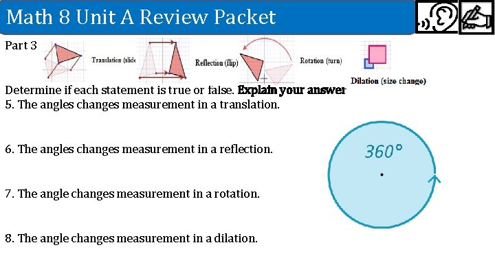 Math 8 Unit A Review Packet Part 3 Determine if each statement is true