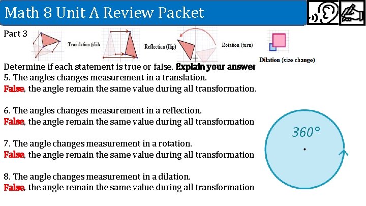 Math 8 Unit A Review Packet Part 3 Determine if each statement is true