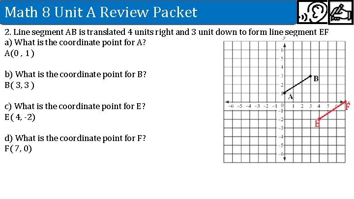 Math 8 Unit A Review Packet 2. Line segment AB is translated 4 units