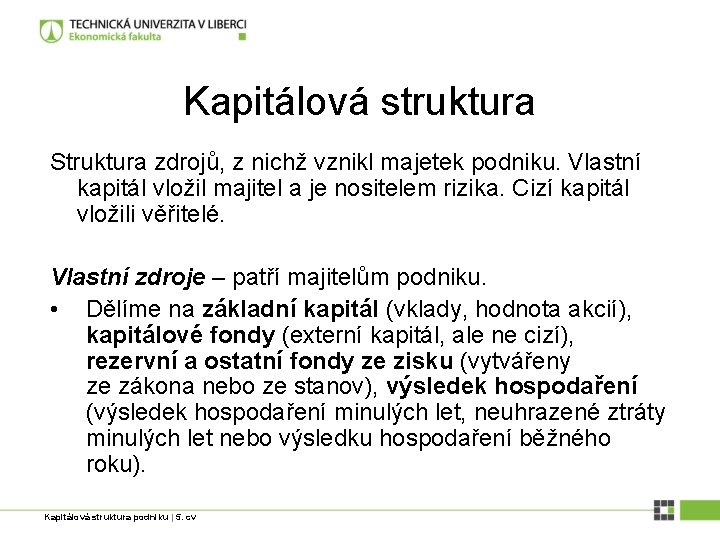 Kapitálová struktura Struktura zdrojů, z nichž vznikl majetek podniku. Vlastní kapitál vložil majitel a