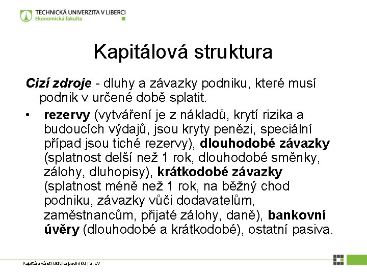 Kapitálová struktura Cizí zdroje - dluhy a závazky podniku, které musí podnik v určené