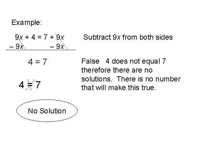 Example: 9 x + 4 = 7 + 9 x – 9 x 4=7