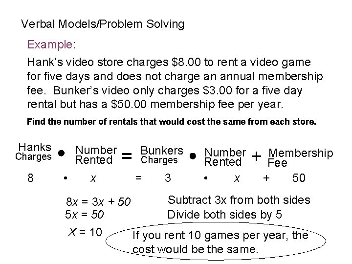 Verbal Models/Problem Solving Example: Hank’s video store charges $8. 00 to rent a video