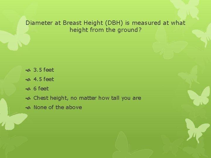 Diameter at Breast Height (DBH) is measured at what height from the ground? 3.