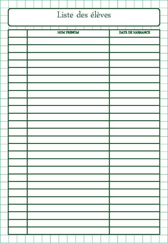 Liste des élèves NOM PRENOM DATE DE NAISSANCE 