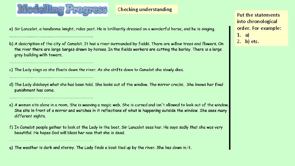 Checking understanding Put the statements into chronological order. For example: 1. a) 2. b)