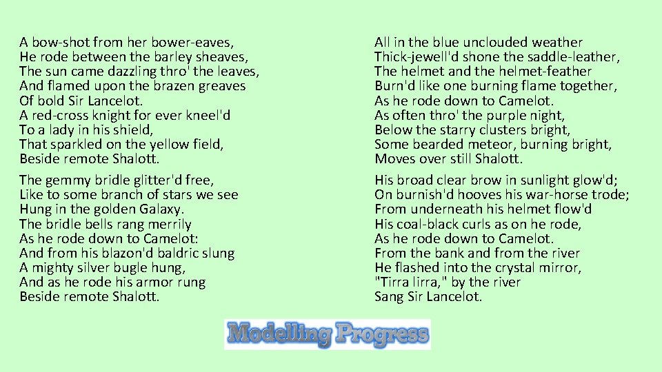 A bow-shot from her bower-eaves, He rode between the barley sheaves, The sun came