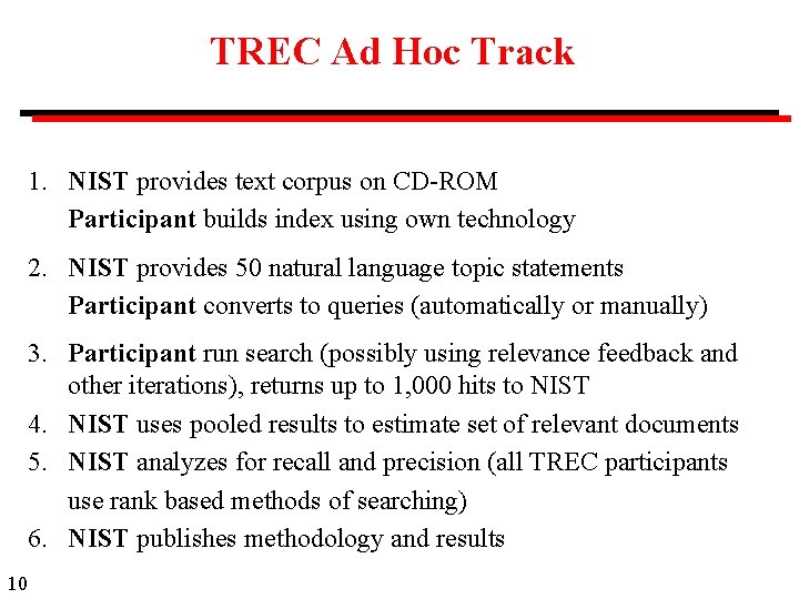 TREC Ad Hoc Track 1. NIST provides text corpus on CD-ROM Participant builds index