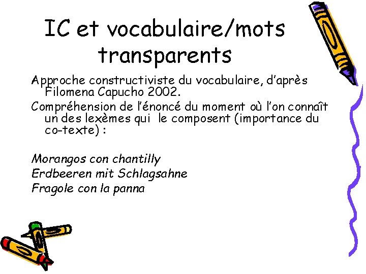 IC et vocabulaire/mots transparents Approche constructiviste du vocabulaire, d’après Filomena Capucho 2002. Compréhension de