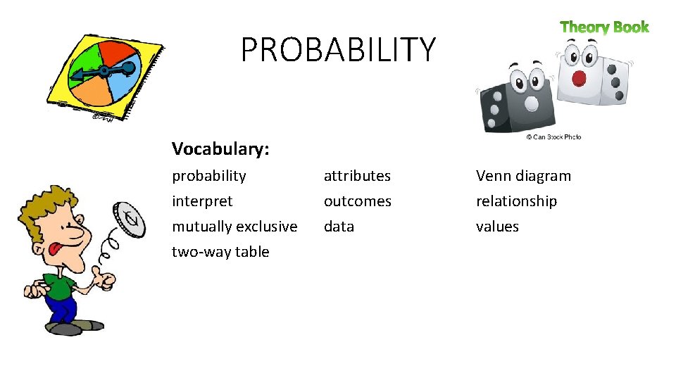 PROBABILITY Vocabulary: probability interpret mutually exclusive two-way table attributes outcomes data Venn diagram relationship
