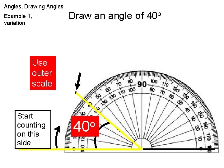 Angles, Drawing Angles Draw an angle of 40 o Example 1, variation Use outer