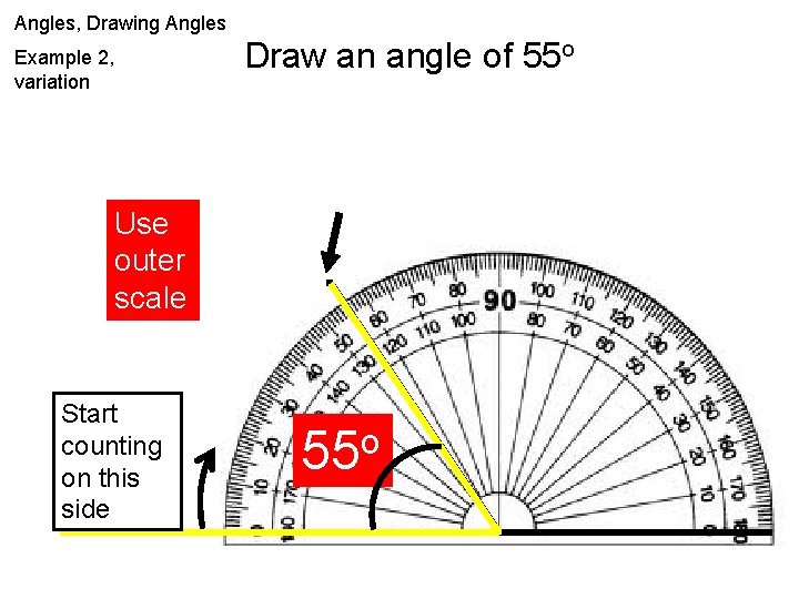 Angles, Drawing Angles Draw an angle of 55 o Example 2, variation Use outer