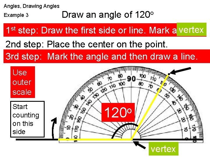 Angles, Drawing Angles Example 3 Draw an angle of 120 o 1 st step:
