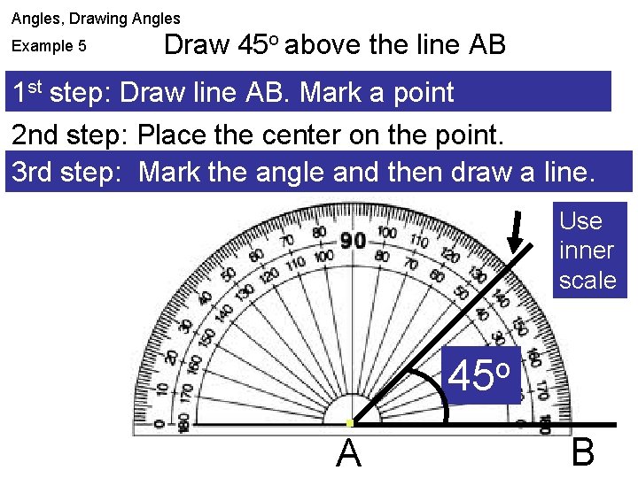 Angles, Drawing Angles Example 5 Draw 45 o above the line AB 1 st