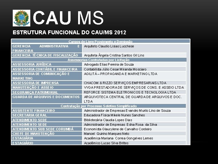 CAU MS ESTRUTURA FUNCIONAL DO CAU/MS 2012 Cargos de Livre Provimento e Demissão GERENCIA