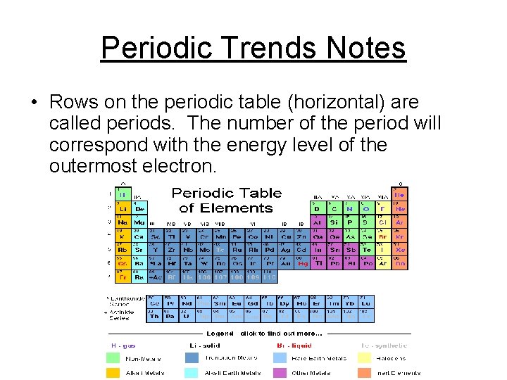 Periodic Trends Notes • Rows on the periodic table (horizontal) are called periods. The