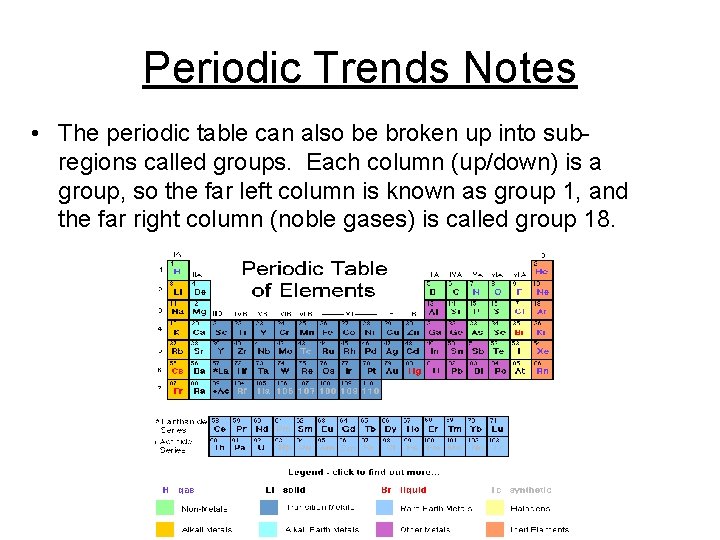 Periodic Trends Notes • The periodic table can also be broken up into subregions
