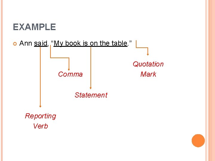 EXAMPLE Ann said, “My book is on the table. ” Comma Statement Reporting Verb