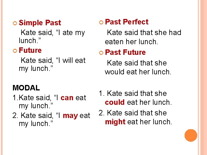  Simple Past MODAL 1. Kate said, “I can eat my lunch. ” 2.