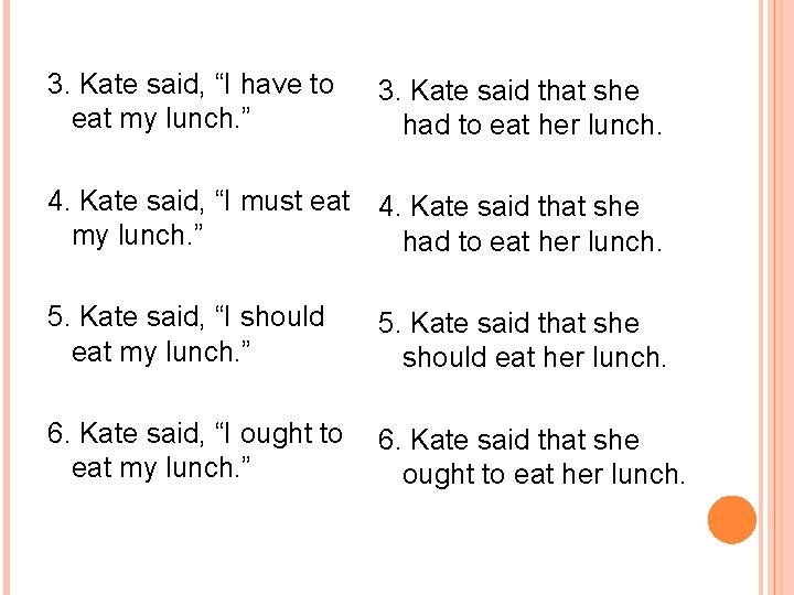 3. Kate said, “I have to eat my lunch. ” 3. Kate said that