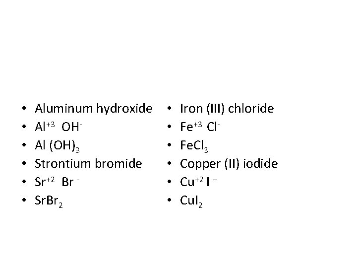  • • • Aluminum hydroxide Al+3 OHAl (OH)3 Strontium bromide Sr+2 Br Sr.