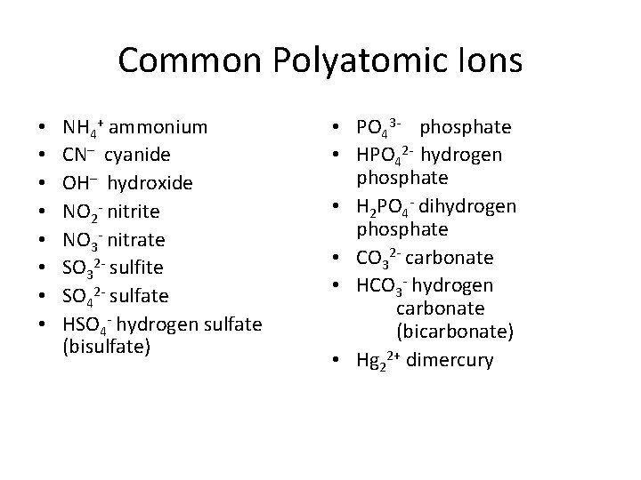 Common Polyatomic Ions • • NH 4+ ammonium CN– cyanide OH– hydroxide NO 2