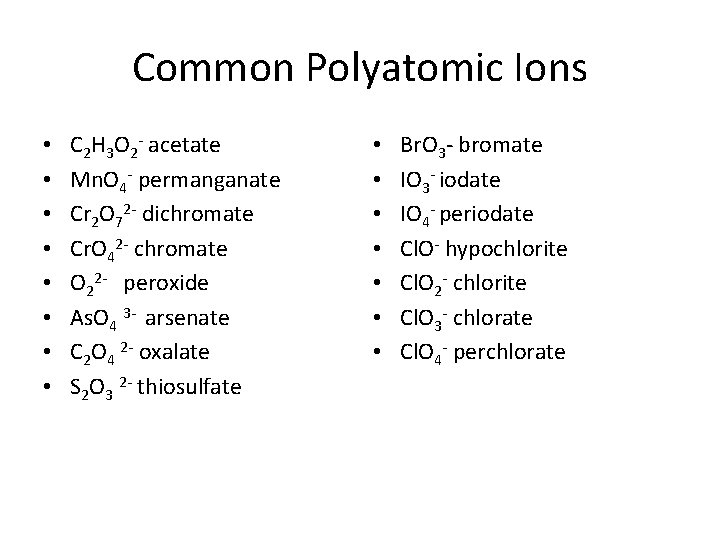Common Polyatomic Ions • • C 2 H 3 O 2 - acetate Mn.