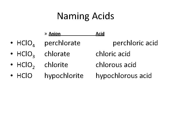 Naming Acids • • HCl. O 4 HCl. O 3 HCl. O 2 HCl.