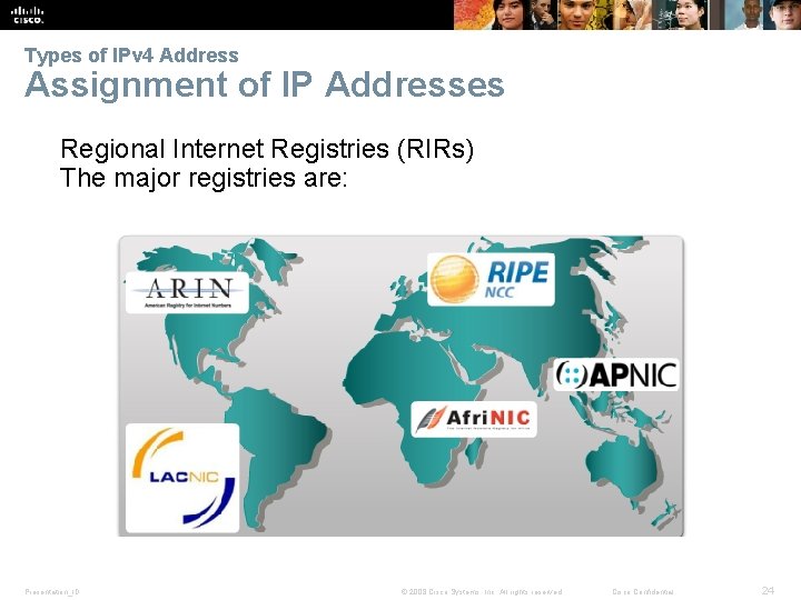 Types of IPv 4 Address Assignment of IP Addresses Regional Internet Registries (RIRs) The
