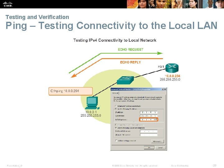 Testing and Verification Ping – Testing Connectivity to the Local LAN Presentation_ID © 2008