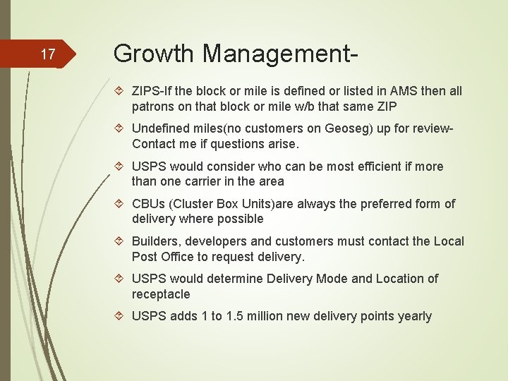 17 Growth Management ZIPS-If the block or mile is defined or listed in AMS