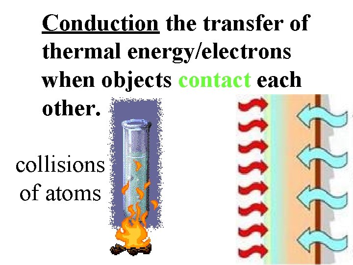 Conduction the transfer of thermal energy/electrons when objects contact each other. collisions of atoms