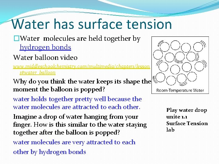 Water has surface tension �Water molecules are held together by hydrogen bonds Water balloon