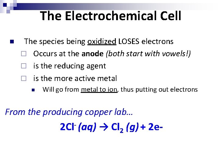 The Electrochemical Cell n The species being oxidized LOSES electrons ¨ Occurs at the