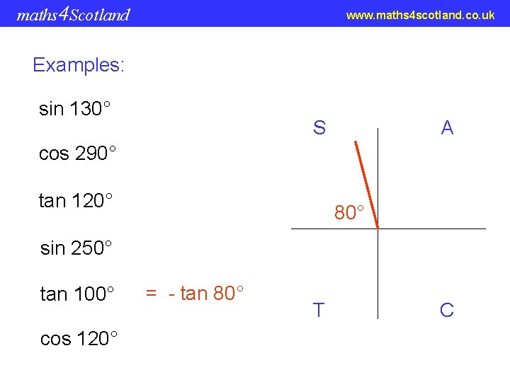 maths 4 Scotland www. maths 4 scotland. co. uk Examples: sin 130° S A
