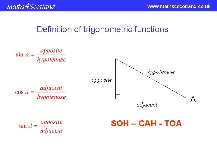 maths 4 Scotland www. maths 4 scotland. co. uk Definition of trigonometric functions hypotenuse