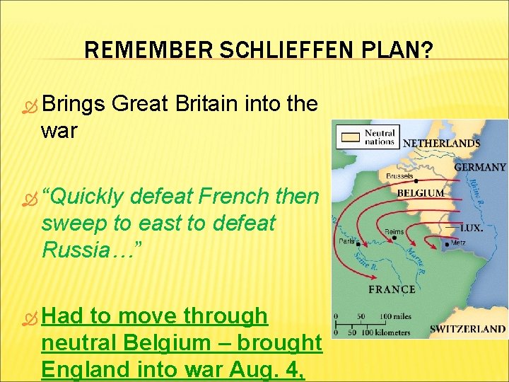 REMEMBER SCHLIEFFEN PLAN? Brings Great Britain into the war “Quickly defeat French then sweep