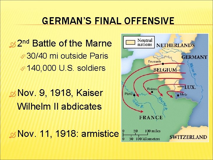 GERMAN’S FINAL OFFENSIVE 2 nd Battle of the Marne 30/40 mi outside Paris 140,