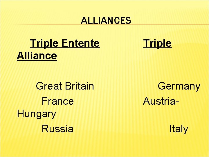 ALLIANCES Triple Entente Alliance Triple Great Britain France Hungary Russia Germany Austria. Italy 