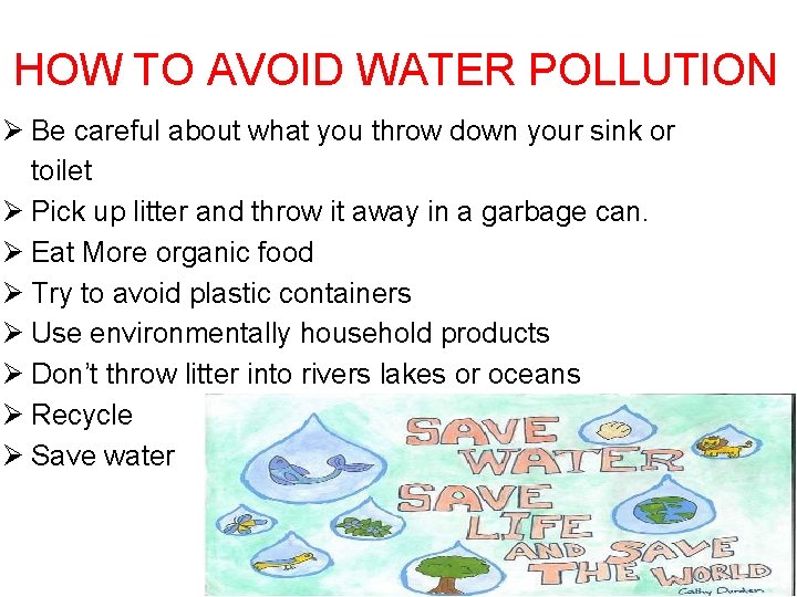 HOW TO AVOID WATER POLLUTION Ø Be careful about what you throw down your